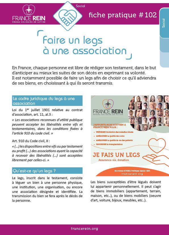 Fiche pratique France Rein #102 - Faire un legs à une association