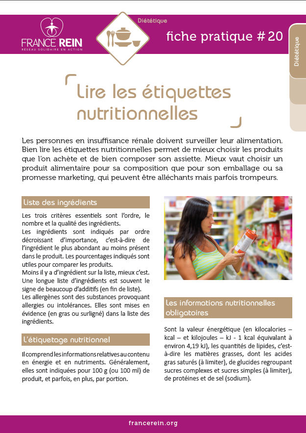 Fiche pratique France Rein #20 - Lire les étiquettes nutritionnelles