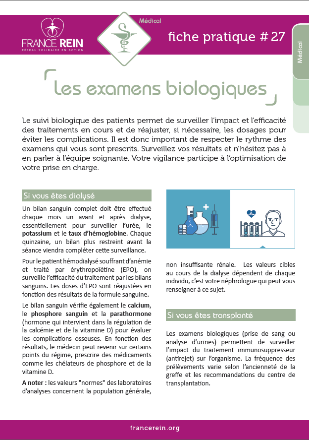 Fiche pratique France Rein #27 - Les examens biologiques