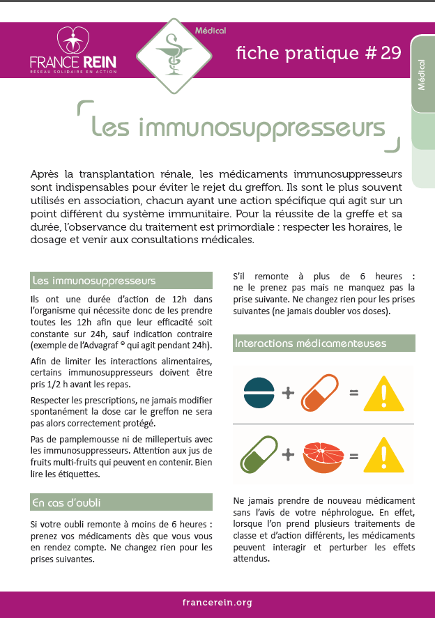 Fiche pratique France Rein #29 - Les immunosuppresseurs