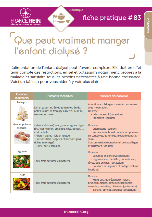 Fiche pratique France Rein #83 - Que peut vraiment manger l'enfant dialysé