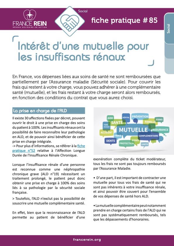 Fiche pratique France Rein #85 - Intérêt mutuelle insuffisants rénaux