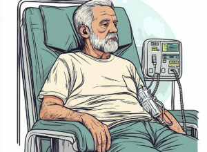 Dessin d'un homme fatigué assis sur un fauteuil de dialyse