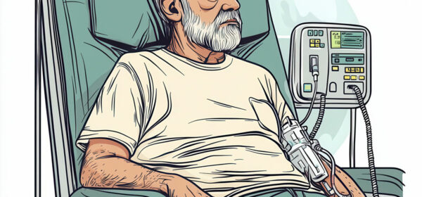Dessin d'un homme fatigué assis sur un fauteuil de dialyse