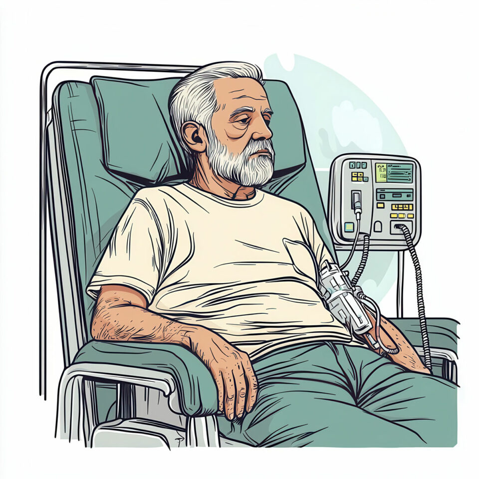 Dessin d'un homme fatigué assis sur un fauteuil de dialyse