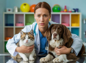 Vétérinaire à l'air anxieux, entouré d'un chat et d'un chien
