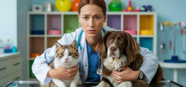 Vétérinaire à l'air anxieux, entouré d'un chat et d'un chien