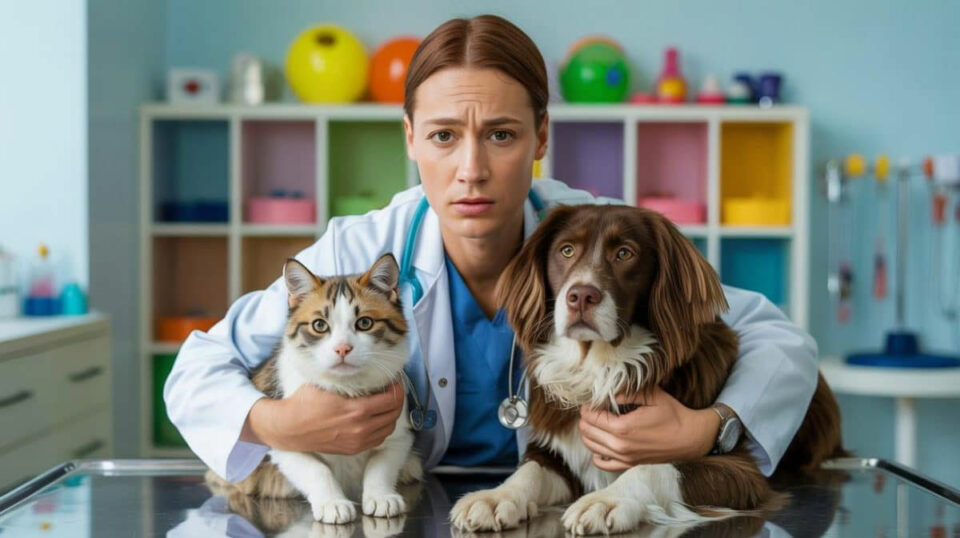 Vétérinaire à l'air anxieux, entouré d'un chat et d'un chien