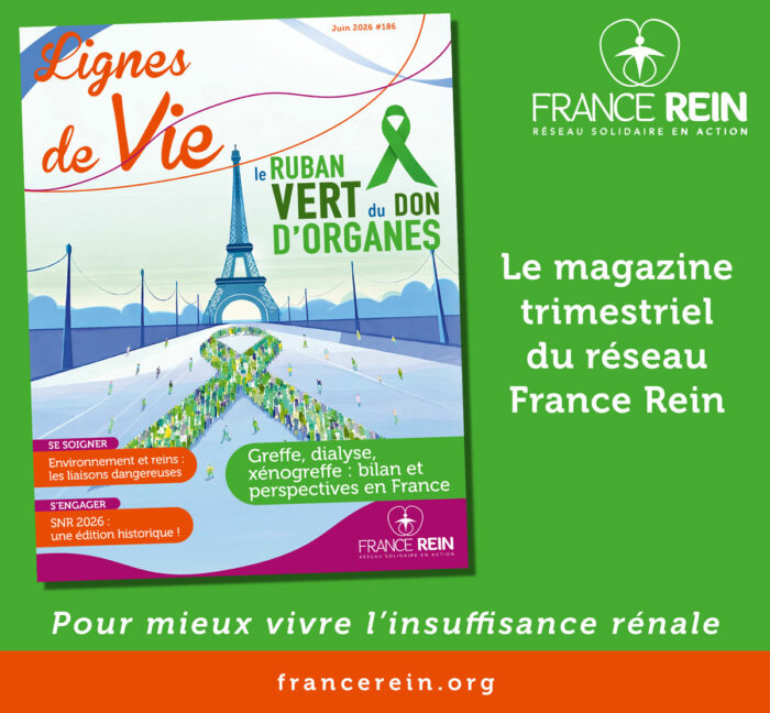 La magazine Lignes de Vie n°186 de juin 2026. Le magazine trimestriel du réseau France Rein. Pour mieux vivre l'insuffisance rénale.