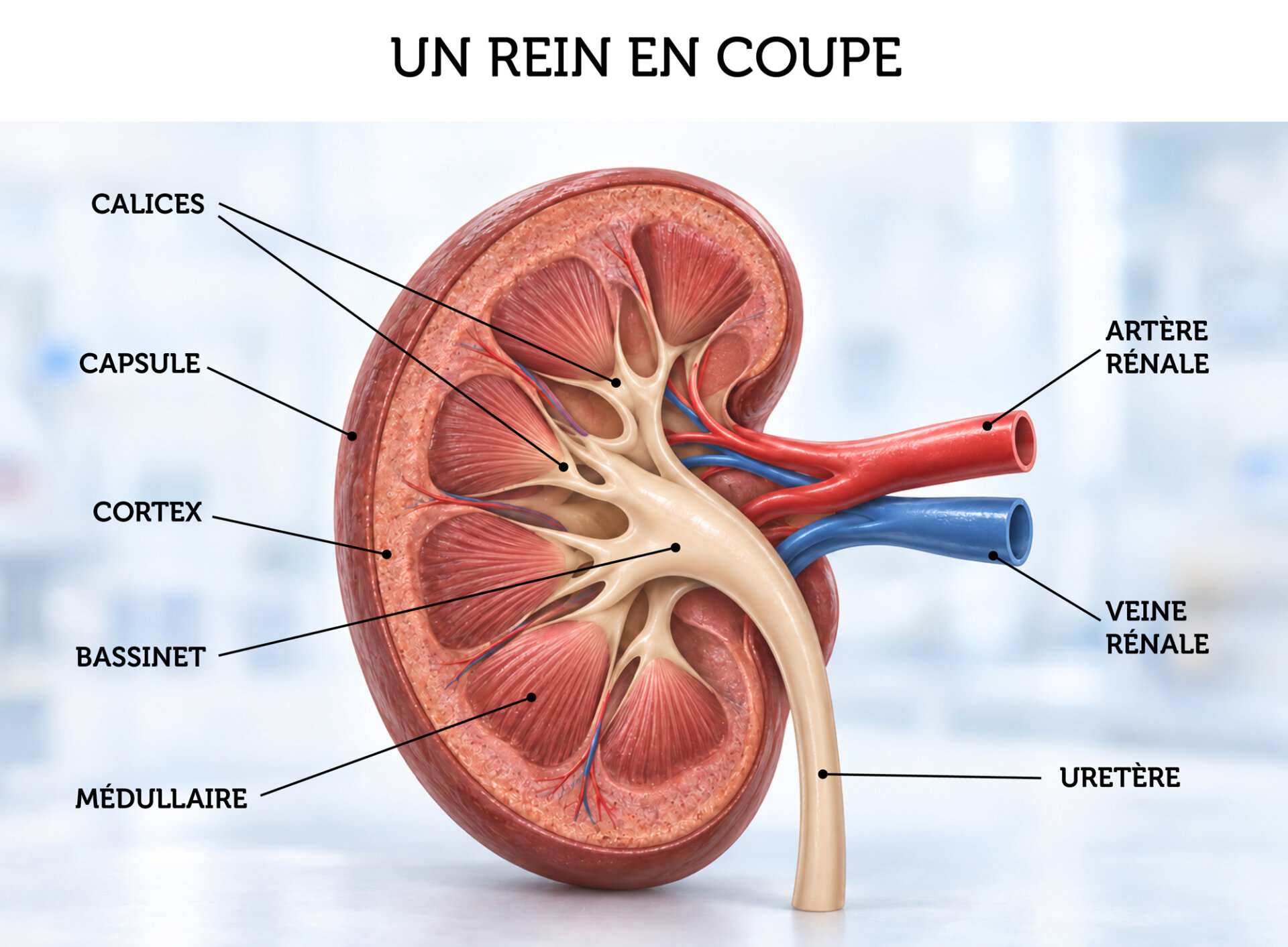 Anatomie d'un rein, vue en coupe