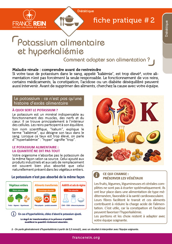 Potassium alimentaire et hyperkaliémie - Comment adapter son alimentation ? Fiche pratique #2 "Diététique" éditée par France Rein