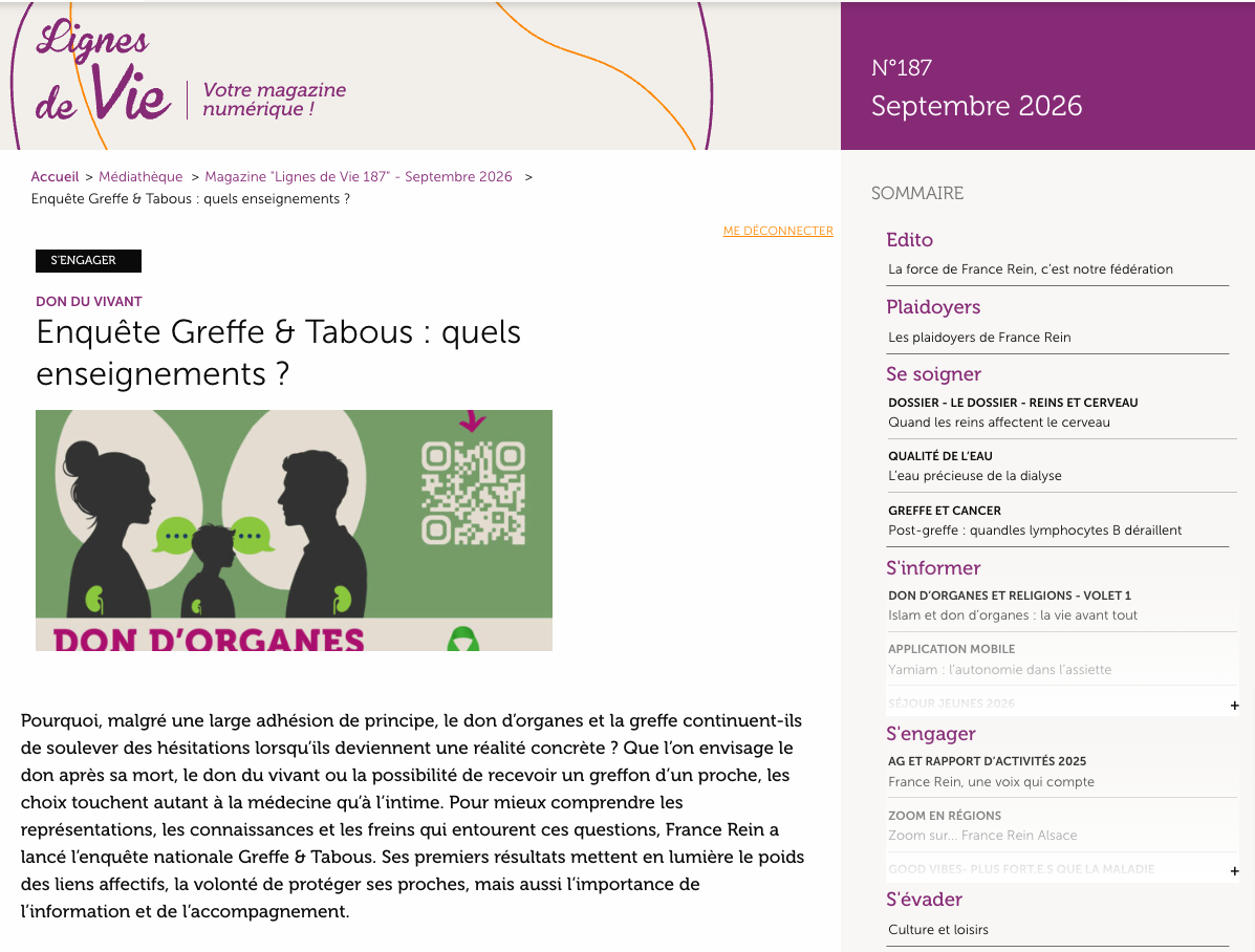 Lire article Enquête Greffe & Tabous - Lignes de Vie 187 - Septembre 2026
